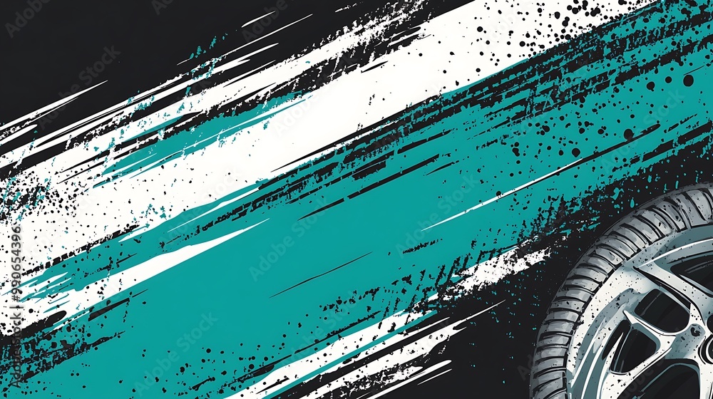 Poster abstract racing background with a tire and a blue stripe.