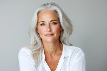 Fototapeta premium Mature woman with long silver hair in a white shirt, exuding calm confidence.