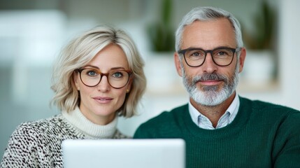 Middle-aged couple working together on a laptop, both wearing glasses, engaged in a collaborative project.