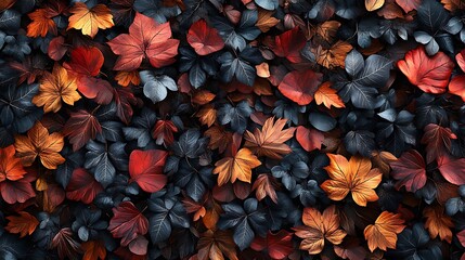 Fototapeta premium A hyper-detailed view of a forest floor covered with leaves, each one meticulously rendered with veins and color variations, forming a dense background.