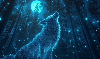 Obraz premium Digital wolf howls at moon in forest.