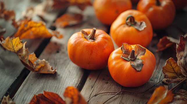 Cachi adagiati su un tavolo di legno, sguardo ravvicinato