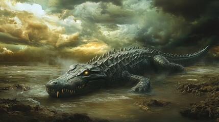 A Giant Crocodile Lurks in Murky Water Under a Stormy Sky