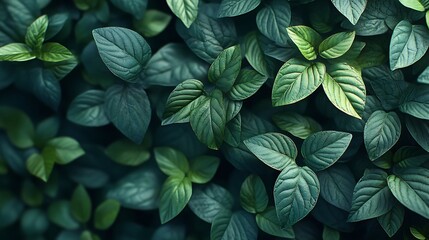 Fototapeta premium A hyper-realistic foliage scene, featuring layers of leaves with detailed textures and vibrant green hues that create a natural, immersive background.