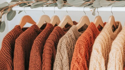 A collection of cozy neutral knit sweaters hanging on a minimalist rack against a bright white backdrop for a serene fashion display