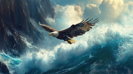 Fototapeta premium Bald Eagle Soaring Over a Turbulent Sea