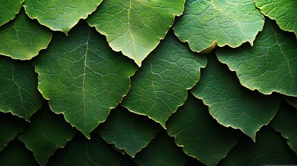 A lush, hyper-realistic arrangement of leaves creating a detailed background, with a focus on the natural textures and vein patterns.