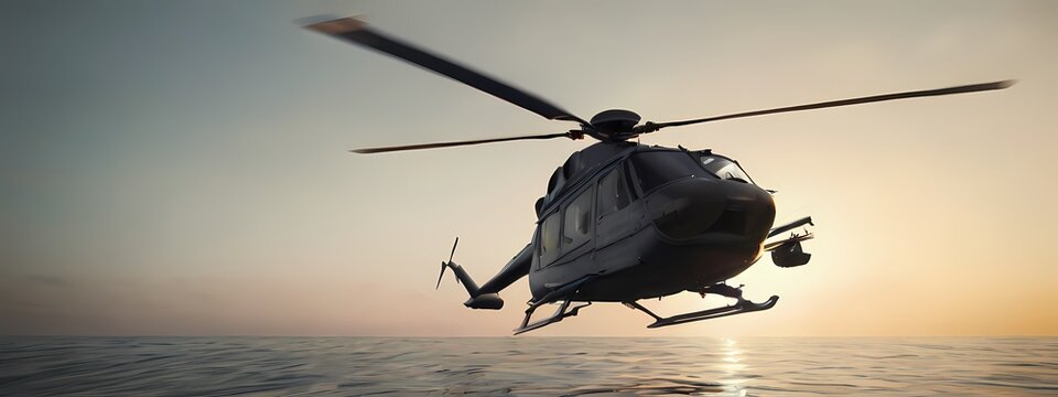 Military hellicopter flying close to the sea with sunset in background. Highly detailed and realistic illustration