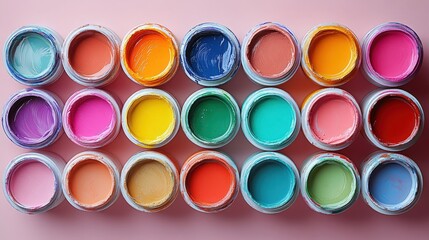 A collection of open paint cans showcases an array of vibrant colors on a smooth surface