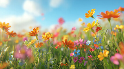 Fototapeta premium Blooming Flowers in a Green Meadow During Spring