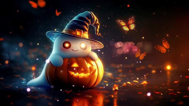 cute hat holding a halloween pumpkin. Virtual 4K video animation background with looping time lapse with very smooth graphics.