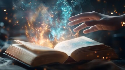 A Hand Reaching Out From an Open Book With Glowing Magic
