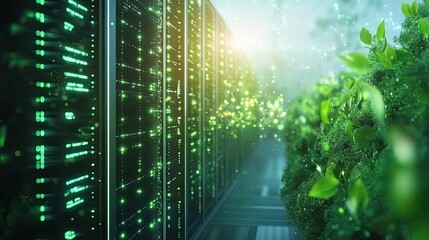 Modern cloud computing industry clean energy data center with cutting edge servers and renewable energy technology