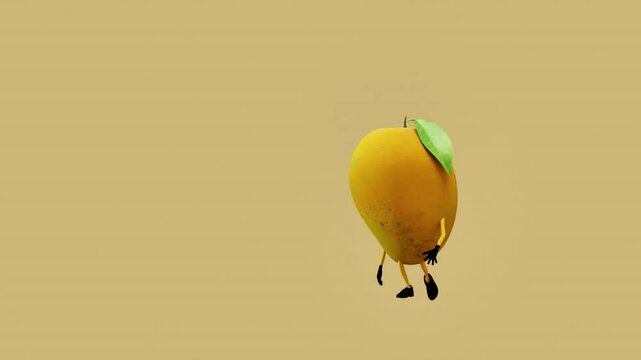 A 3D animated mango character walking with a cool, confident stride. The scene highlights playful style, creativity, and vibrant movement, blending tropical fruit charm with fun digital animation.