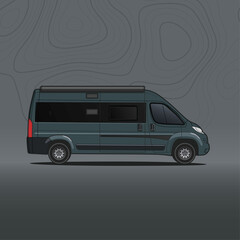 Van aménagé utilitaire, camping-car camionette grise sur fond aventure, gris