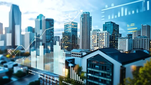 A city skyline with residential properties and rising bar graphs symbolizing the growth in real estate investments and housing market trends