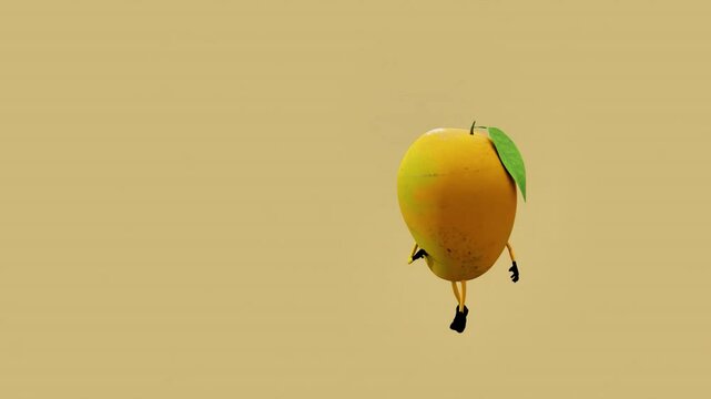 A 3D animated mango character running swiftly. The scene emphasizes energy, speed, and playful movement, blending the vibrant nature of tropical fruit with fun and creative digital animation.