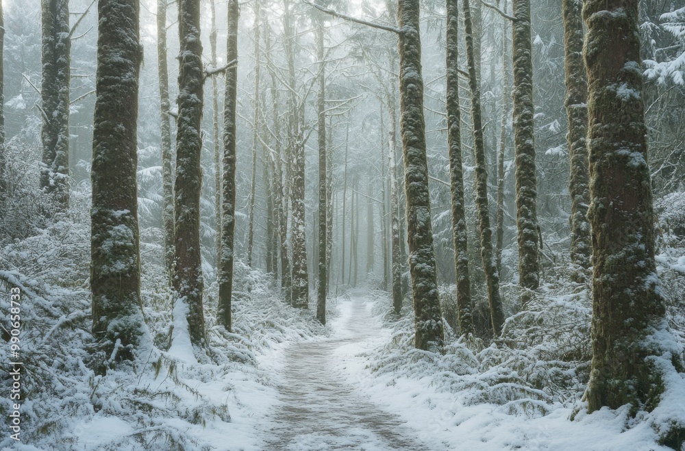 Poster snow-covered path leading through tall trees in the forest, with mist hanging low over it. scene is 