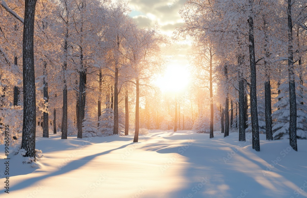 Poster snowy forest, trees covered with snow, and sunlight shining through the branches, creating a charmin