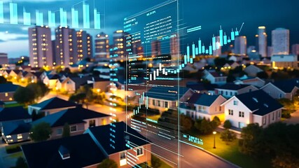 A digital dashboard with various charts and graphs showing property value increases, overlaid on an image of suburban homes