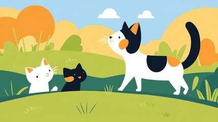 A cheerful cat explores a lush meadow while its playful kitten interacts eagerly in the grass under a bright blue sky, capturing a joyful moment in nature.