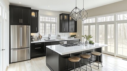 Fototapeta premium A chic and modern kitchen featuring glossy black cabinets, stainless steel appliances, white marble countertops, and geometric pendant lighting over a central island,