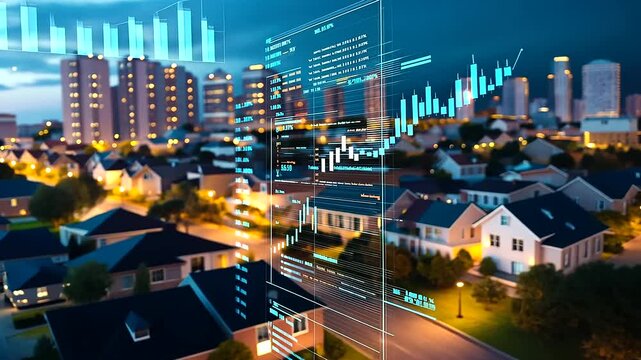 A digital dashboard with various charts and graphs showing property value increases, overlaid on an image of suburban homes