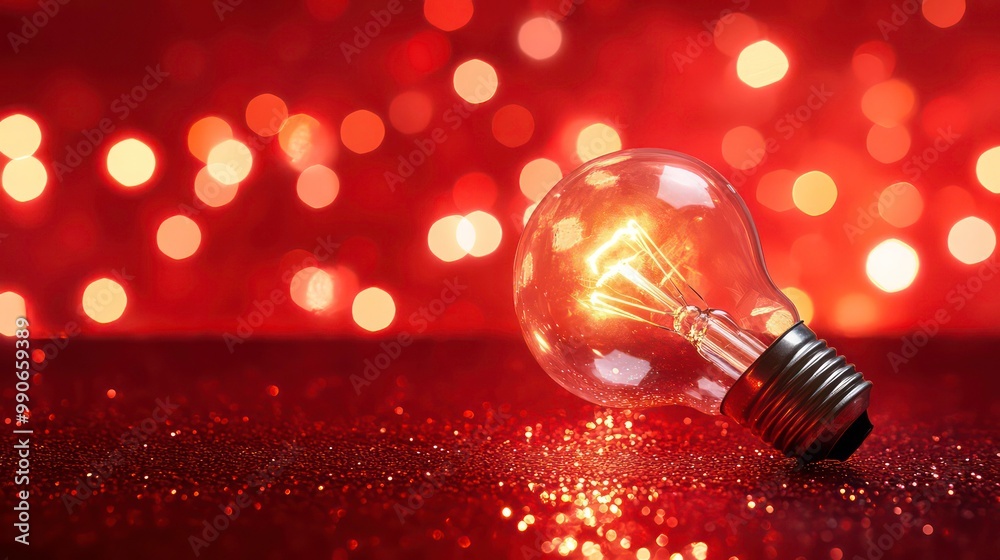 Aufkleber A glowing light bulb laying on shiny gold glitter with blurred out bokeh lights in the background.