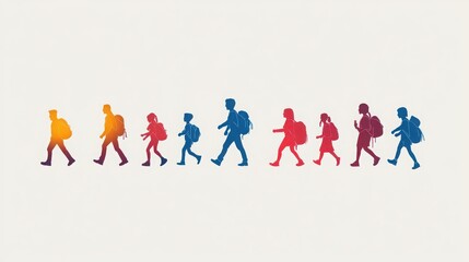 Silhouette of people walking in sequence.