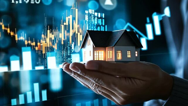 A hand holding a miniature house model with financial graphs rising in the background, showcasing the investment growth in the housing market