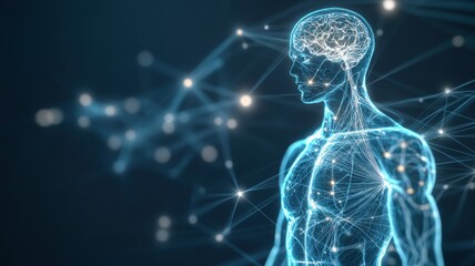 A glowing human figure with a digital brain, illustrating the connection between technology and human anatomy.