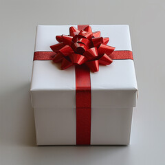White gift box with red ribbon, blank white background for design. Made with generative ai.