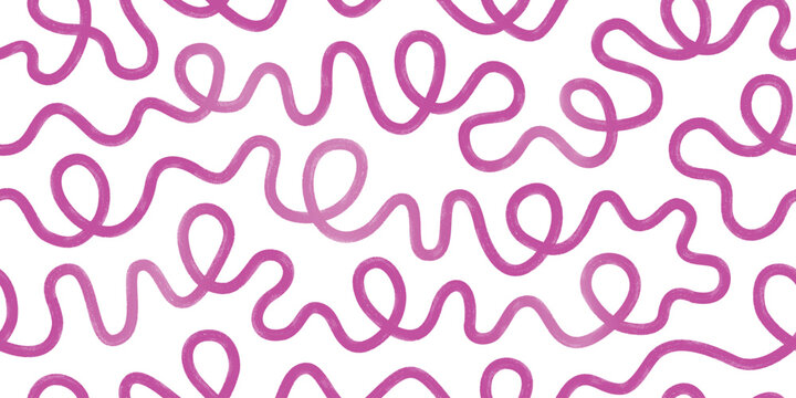 Hand drawn bold curved pink squiggle lines, loops seamless pattern. Cute vector background with thick doodle smears