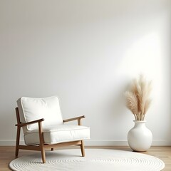 Elegant Minimalist Living Room with Vintage White Armchair, Stylish Carpet, and Decorative Dry Plant in Vase Against a Blank Wall