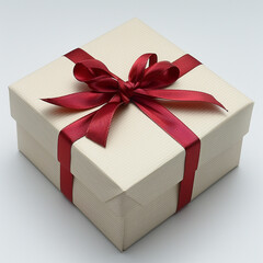 White gift box with red ribbon, blank white background for design. Made with generative ai.