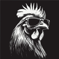 Vector illustration of a rooster wearing sunglasses in a bold black and white stencil style, perfect for edgy designs and branding.