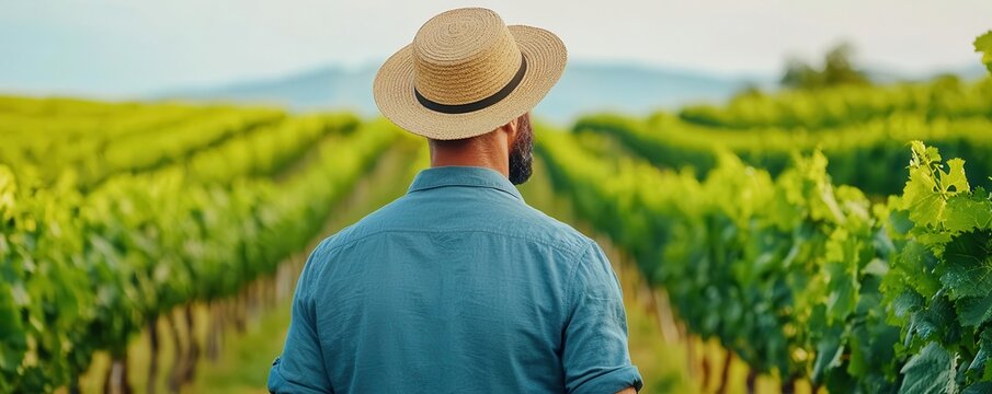 Creative shot of a guide man leading a vineyard tour, explaining the winemaking process to visitors, symbolizing agricultural and culinary tourism Vineyard guide, Wine tour