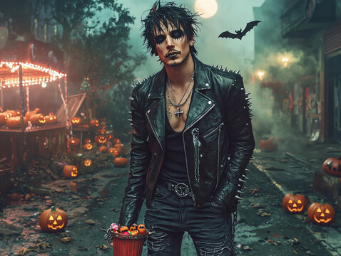 Adult man in a gothic emo Halloween outfit