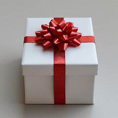 White gift box with red ribbon, blank white background for design. Made with generative ai.