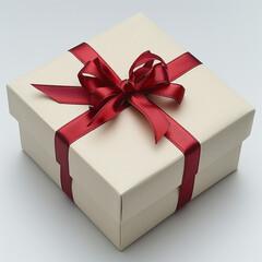 White gift box with red ribbon, blank white background for design. Made with generative ai.