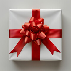 White gift box with red ribbon, blank white background for design. Made with generative ai.