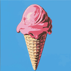 Pop art inspired silk-screen of a red ice cream cone with melting ice cream. A retro, colorful design ideal for food-themed illustrations and nostalgic branding.