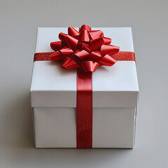 White gift box with red ribbon, blank white background for design. Made with generative ai.