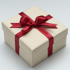White gift box with red ribbon, blank white background for design. Made with generative ai.