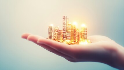 A hand holds a glowing city skyline, symbolizing growth, innovation, and the future of urban development.