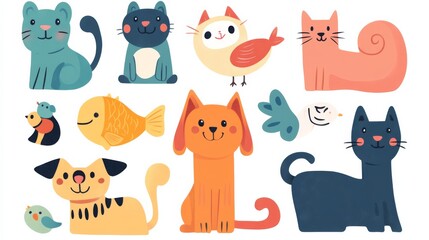 A delightful assortment of cute cartoon animals showcases a dog, cat, bird, fish, rabbit, rat, and turtle in playful poses, perfect for any pet lover's design need.