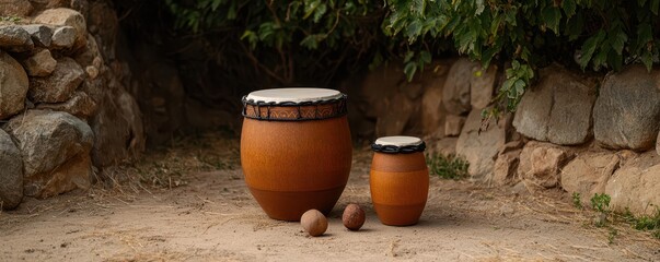 Creative representation of ancient drums in an archaeological setting, symbolizing the historical roots of percussion instruments Ancient drums, Cultural history