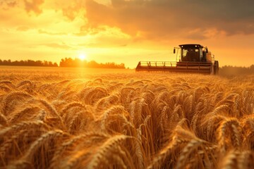 Fototapeta premium A combine gathers mature wheat in a golden field under an orange sunset sky symbolizing abundant harvest