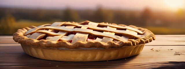 Obraz premium Apple pie on wooden table. Highly detailed realistic illustration
