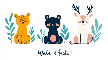 Obraz premium Three adorable wild animals sit side by side, showcasing their unique features against a backdrop of leafy plants, perfect for a baby shower theme.